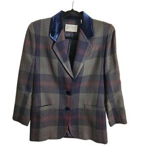 Lord & Taylor Vintage Stunning Wool Plaid Velvet Accent Blazer Size 2p